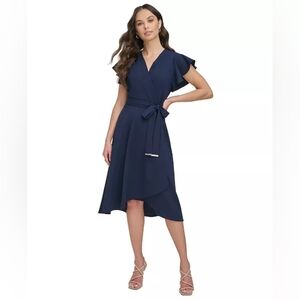 Brand New DKNY Navy Women's Flutter-Sleeve Tie-Waist Faux-Wrap Dress
